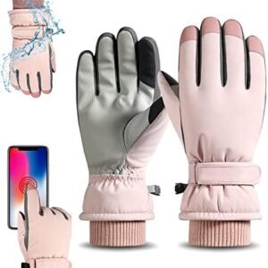 Ski Gloves for Women, Super Warm Thick Fleece Gloves, Anti-Skid Touchscreen Winter Gloves with Adjustable Cuffs, Waterproof Snow Gloves for Skiing, Hiking, Cycling
