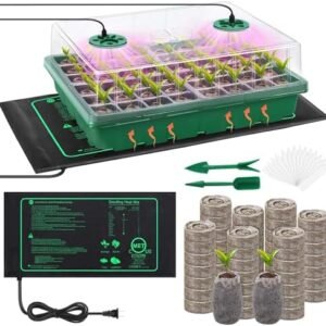 Seed Starter Kit with Grow Light Seedling Heat Mat 48 Cells Seed Starter Tray with Humidity Dome and Base Germination Trays Plastic Growing Trays Plant Propagation Kit for Seed Starting, Green