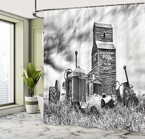 Ambesonne Industrial Shower Curtain, Old 60s Abandoned Tractor in Farm in Central Canada Nostalgic Machinery Elements Image, Cloth Fabric Bathroom Decor Set with Hooks, 69" W x 70" L, Grey - Image 4