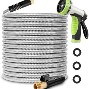 100FT Metal Garden Hose 304 Stainless Steel Flexible Water Hose - No Kink & Tangle Heavy Duty Pipe with Nozzle, Durable 3/4 Brass Fittings and Valve - Rust Proof Puncture Proof for Yard Lawn