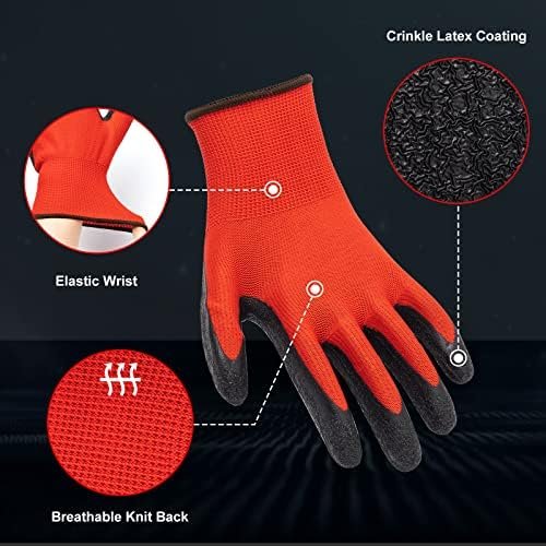 12 Pairs Rubber Coated Work Gloves, Textured Latex Palm for Grip, Construction, Warehouse and Garden Safety Gloves, Bulk Pack, Large - Image 2