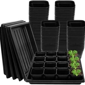 2.4 inch 100 Pcs Black Square Nursery Pots,5 Pcs Plastic Plant Growing Trays,Seed Starter Kit Propagation Tray Seed Starting Pots Square with Drain Holes
