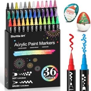 Shuttle Art 36 Colors Dual Tip Acrylic Paint Markers, Brush Tip and Dot Tip Acrylic Paint Pens for Rock Painting, Ceramic, Wood, Canvas, Plastic, Glass, Stone, Calligraphy, Card Making, DIY Crafts
