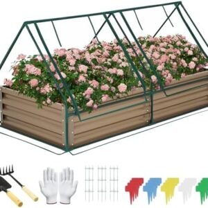 Galvanized Raised Garden Bed for Vegetables Flowers Herbs, Cover Outdoor Extra-Thick Metal Planter Box Kit,w/ 2 Roll-Up Large Windows Mini Greenhouse, Tomato Cage, Labels, Tool, 6×3×1FT Brown(Clear)