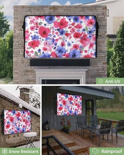 4th of July Outdoor TV Cover 32 Inch Flower Floral Leaves TV Enclosure Independence Day Patriotic Liberty TV Covers for Outside TV Display Screen Protector with Remote Control Pocket - Image 2