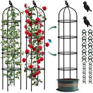 2 Pack Garden Obelisk Trellis for Climbing Plants Outdoor, 6 Ft Tall Tower Tomato,Rose, Flowers, Grape, Pea, Cucumber Trellis, Rustproof Plastic Coated Metal Plant Support Trellis for Potted Plants