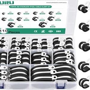 110PCS Cable Clamps Assortment Kit,10 Sizes—1/4" 5/16" 3/8" 1/2" 5/8" 3/4" 1" 1-1/4" 1-1/2" 1-3/4" Stainless Steel Rubber Coated Cushioned Insulated Cable Clamp,Automotive Wire Pipe Clamps