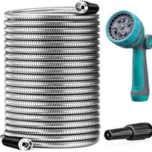 Metal Garden Hose 50ft - Stainless Steel Heavy Duty Water Hose with 10 Function Nozzle - Flexible, No Kink, Puncture Proof,Large Diameter Hose for Yard, Outdoors