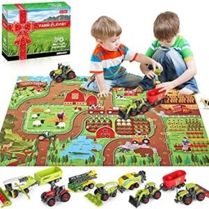 Oriate Farm Tractor Toys Vehicle with Farm Animals & Activity Play Mat, 38 Piece Educational Realistic Kid's DIY Farm Diecast Set, Including Sprayer, Harvester, Cow, Horse for Children's Birthday Gift
