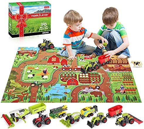 Oriate Farm Tractor Toys Vehicle with Farm Animals & Activity Play Mat, 38 Piece Educational Realistic Kid's DIY Farm Diecast Set, Including Sprayer, Harvester, Cow, Horse for Children's Birthday Gift