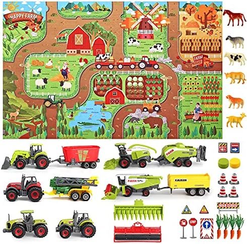 Oriate Farm Tractor Toys Vehicle with Farm Animals & Activity Play Mat, 38 Piece Educational Realistic Kid's DIY Farm Diecast Set, Including Sprayer, Harvester, Cow, Horse for Children's Birthday Gift - Image 2