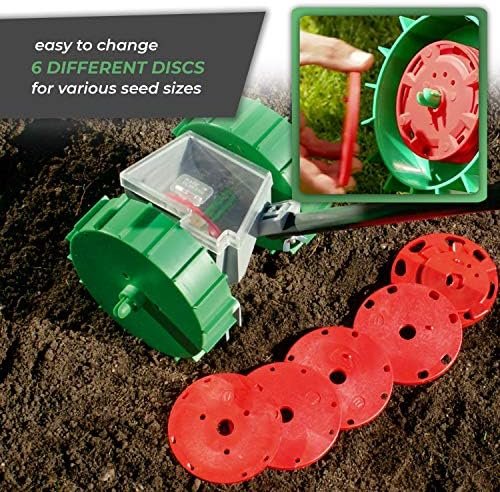 Super Seeder - Ergonomic Seed Planter Tool - Garden Seeder - Hand Seed Spreader with 5 Seed Disk Suitable for All Vegetables and Different Seed Sizes - Green/Red - Image 3