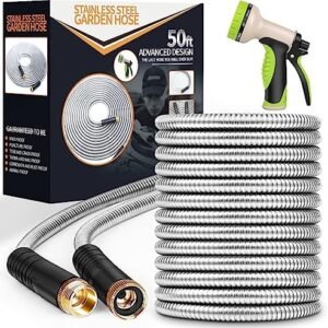 Metal Garden Hose 50ft, Heavy Duty Stainless Steel with 10 Function Nozzle Flexible, Lightweight, Kink Free & Tangle Free, Pet Proof, Puncture Proof for Yard, Outdoor