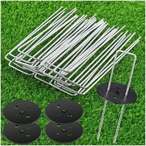 6-Inch Galvanized Landscape Staples, U-Shaped Garden Landscape Pins, Weed Barrier Stakes with Plastic Fixing Caps, for Securing Fences, Outdoor Wires Cords Tents Tarps (20 pcs)