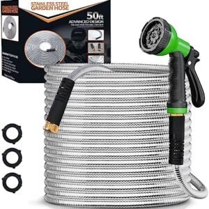 Metal Garden Hose 50ft, Stainless Steel Water Hose with 10 Function Nozzle, Heavy Duty Garden Hose,Kink Free & Tangle Free,Flexible & Lightweight, Puncture Proof Metal Hose for Yard,Outdoors