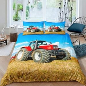 Boys Tractor Printed Bedding Set Men Construction Cars Pattern Comforter Cover for Kids Children Red Heavy Machinery Vehicles Duvet Cover Farm Theme Bedspread Cover Room Decor Quilt Cover Queen Size…