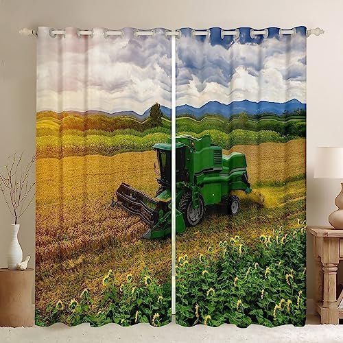 Tractor Darkening Drapes (2 Panels, 42 x 84 Inch) Farmland Curtains for Bedroom Living Room Kids Decor Western Farm Tractor 30%-50% Blackout Curtains Vehicle Window Treatments Machinery Truck