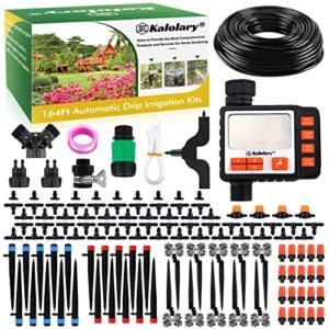 Kalolary Drip Irrigation Kit, 164 Ft Adjustable Garden Watering System with Timer, 133 PCS Blank Distribution Watering Drip Tubing Kits for Patio Lawn Garden Greenhouse Flower Bed