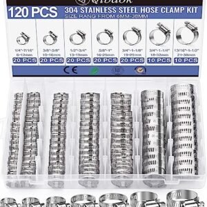 Hose Clamp- Qibaok 120 PCS Stainless Steel Hose Clamps Assortment Kit 1/4''–1-1/2'' Worm Gear Clamps for Fuel Line, Plumbing, Automotive, Mechanical Applications, Pipe, Tube, Radiator, Garden
