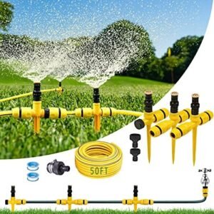 360° Rotation Auto Irrigation System Garden Lawn Sprinkler Patio, Sprinkler System Kit for Lawn, Adjustable Garden Yard Lawn Water Sprinkler with 50FT Sprinkler Hose and 6 Quick Connectors (3 PCS)