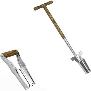 Long Handled Bulb Planter Tool, 4 Inches Depth Mark Hand Bulb Planter, Non-Bending Stainless Steel Bulb Planter Digger, Garden Bulb Transplanter with Comfortable Grip Wooden Handle for Tulip