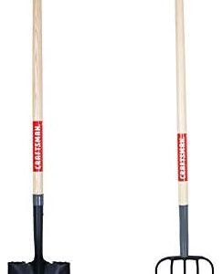 CRAFTSMAN CMXMKIT0070 2-Piece Long Wood Handle Composting Tool Set with Transfer Shovel and 5-Tine Manure Fork, Brown