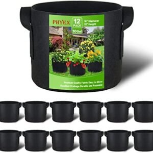 PHYEX 12-Pack 10 Gallon Nonwoven Grow Bags, Aeration Fabric Pots with Durable Handles, Come with 12 Pcs Plant Labels