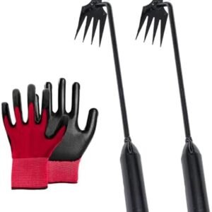 Stainless Weeding Artifact Uprooting Weeding Tool, Stainless Steel Forged Weed Puller 4 Teeth Dual Purpose Weeder, Hand Weeder Tool for Gardening with Long Handle (Black 2Pcs)