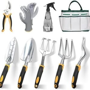 Garden Tools, 9 Piece Heavy Duty Gardening Tools Set with Non-Slip Rubber Grip, Stainless Steel Garden Tool, Gifts for Kids, Women, Husbands, and Parents