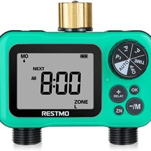 RESTMO 2-Outlet Sprinkler Timer with 3 Separate Programs, Interval or 7-Day Week Programmable Hose Timer, 2 Zone Water Timer with Pure Brass Inlet, Ideal for Garden, Lawn and Control Drip Irrigation