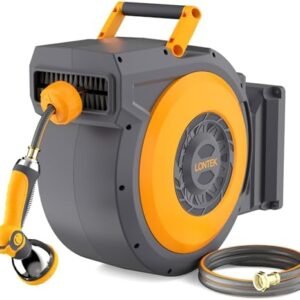 Retractable Garden Hose Reel Wall Mount, 5/8 inch x 82 ft + 6ft Upgraded Cold and Sun Resistant Water Hose Reel with 10-Function Sprayer Nozzle for Outside, Any Length Lock, Slow Return System