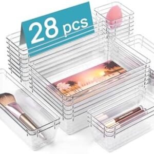 Vtopmart 28 PCS Clear Plastic Drawer Organizers Set, 4-Size Bathroom and Vanity Drawer Organizer Trays, Acrylic Storage Bins for Makeup, Cosmetic, Kitchen Utensils, Tool Organizer for Gadgets