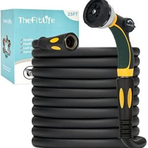 TheFitLife Flexible Garden Hose 25FT - Heavy Duty Kink Resistant Water Hose with Soft Grip Handle and 8 Function Nozzle, Durable, Strength and Leak Proof Hose for Gardening, Outdoor, Yard