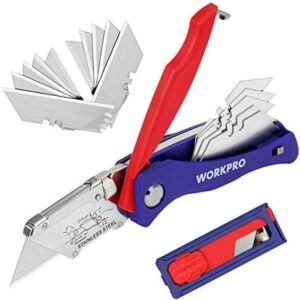 WORKPRO Folding Utility Knife, Quick-Change Box Cutter with Blades Storage Design, Premium SK5 Razor Knife for Cartons, Cardboard, and Boxes, Extra 15-Piece Blades Included