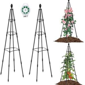 2 Pack Garden Obelisk Trellis for Climbing Plants Outdoor, 48inch Tall Metal Rustproof Obelisk Tower Plant Trellis for Indoor Potted Plants, Vines, Vegetables, Flowers & 55 Yards Twist Ties