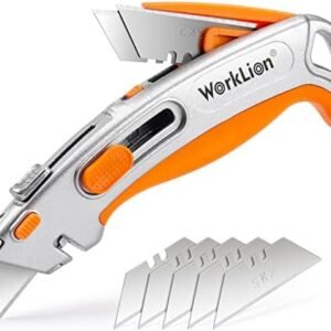 WORKLION Heavy-Duty Utility Knife Retractable: Zinc Alloy Body & Rubber Grip Handle & Retractable 3 Position & Blades Storage Design & Extra 5 Blades Refills - Safe Box Cutter