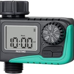 RESTMO Sprinkler Timer, Programmable Water Timer for Garden Hose, Outdoor Faucet, Drip Irrigation and Lawn Watering System, Compact Design | Automatic Digital Control | Manual ON/Off | Rain Delay