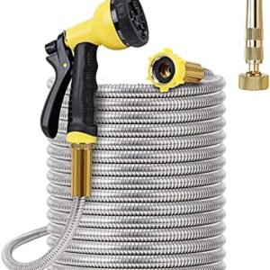 FOXEASE Metal Garden Hose 100FT - Stainless Steel Heavy Duty Water Hose with Solid Metal Nozzle & 8 Function Sprayer, Portable & Lightweight Kink Free Yard Hose, Outdoor Hose