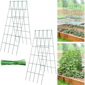 2 Pack Stable Cucumber Trellis, Foldable Garden Trellis for Raised Bed, A-Frame Metal Plant Support Trellis with Ties for Bean Raspberry Squash Climbing Plants Outdoor