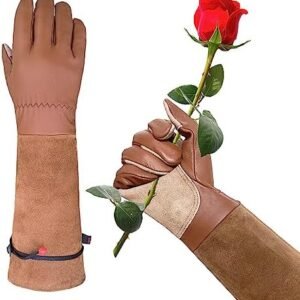 Leather Gardening Gloves with Long Sleeves for Women Men, Breathable Sheepskin Rose Pruning Thorn Proof Gloves with Leather Reinforced palm for Garden Yard Safety Work(Small)