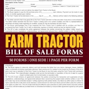 Farm Tractor Bill of Sale Forms: Contract Between Seller & Buyer | Tractor Purchase Agreement Form | Agricultural Asset Sale Record Book.