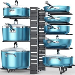 ORDORA Pots and Pans Organizer under Cabinet, 8 Tier Pan Organzier Rack with 3 DIY Methods, Adjustable Pot Organizers inside Cabinet, Pot Lid Organizer for Kitchen Cabinet Organizers and Storage