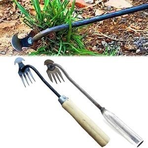 2 Pieces Garden Weeding Rake, New Sharp and Durable with Root Weeding Tool for Home Garden Shovel, Backyard Loosening Farm Planting Weeding (11.8 inch Iron + Wood Handle)