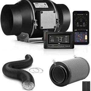 iPower Smart Ventilation Inline Fan 6 Inch with Temperature Humidity Controller, WiFi App, Voice Control with Alexa, Carbon Filter and 8 Feet PVC Ducting for Grow Tent, Black