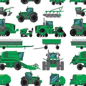 Equipment Trucks Upholstery Fabric by The Yard, Cartoon Machinery Cars Reupholstery Fabric for Chairs, Farm Vehicles Decorative Fabric for Outdoor and Home DIY Projects, 1 Yard, Green White