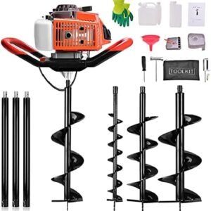 62CC Auger Post Hole Digger, 2 Stroke Gas Powered Earth Post Hole Digger with 3 Auger Drill Bits(5" & 6" & 8") + 3 Extension Rods for Farm Garden Plant