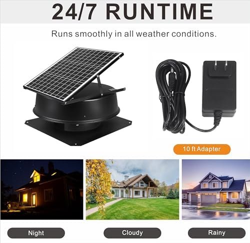 Solar Attic Fan, 35 W 14", 1200 CFM Large Air Flow Solar Roof Vent Fan, Low Noise and Weatherproof with 110V Smart Adapter, Ideal for Home, Greenhouse, Garage, Shop, RV, Workshop etc. - Image 2