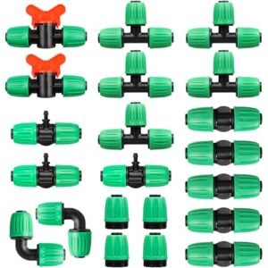 Drip Irrigation Fittings Kit for 1/2 Inch Tubing(0.6-0.63" OD), 21 Pcs 1/2" Drip Line Parts Connectors for Drip Systems - 5 Couplings,5 Tees,2 Switch Valves,3 Barbed T Connectors,4 End Cap,2 Elbows