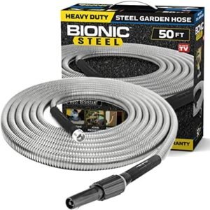 BIONIC STEEL 50 Foot Garden Hose 304 Stainless Steel Metal Water Hose – Super Tough & Flexible, Lightweight, Crush Resistant Aluminum Fittings, Kink & Tangle Free, Rust Proof, Easy to Use & Store