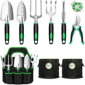 Garden Tool Set, 10 Pieces Heavy Duty Gardening Tools Kit with Plant Grow Bags and Garden Tote Bag for Tools, Gardening Gifts for Women and Men,No-Rust,No-Bend